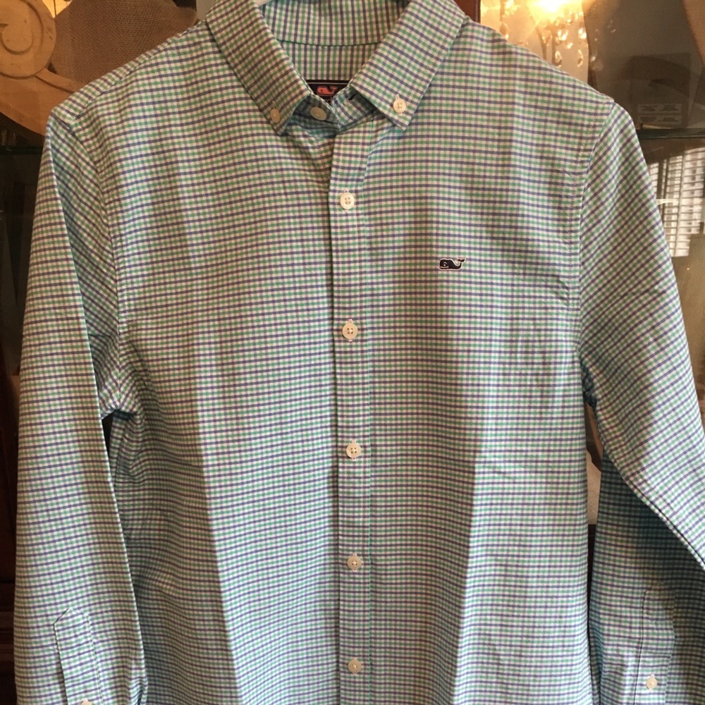 Turquoise and blue plaid button down